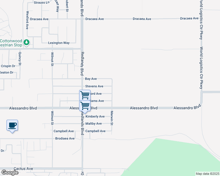 map of restaurants, bars, coffee shops, grocery stores, and more near 29233 Stevens Avenue in Moreno Valley