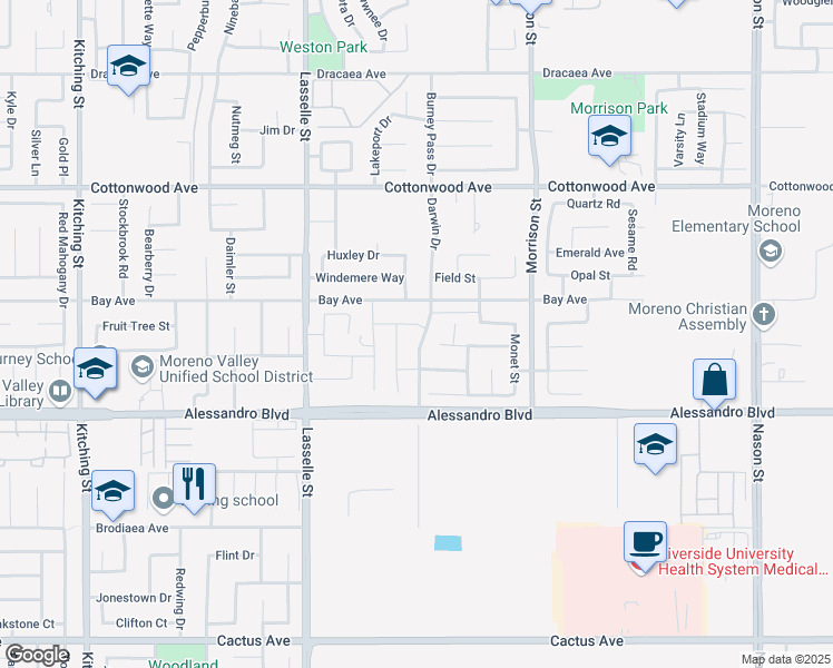 map of restaurants, bars, coffee shops, grocery stores, and more near 26323 Okeefe Lane in Moreno Valley