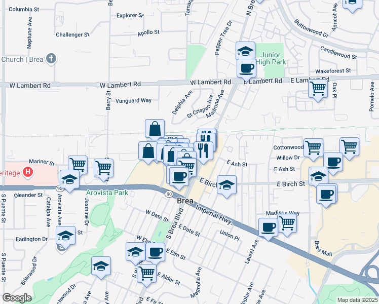 map of restaurants, bars, coffee shops, grocery stores, and more near 151 Rosemary Lane in Brea