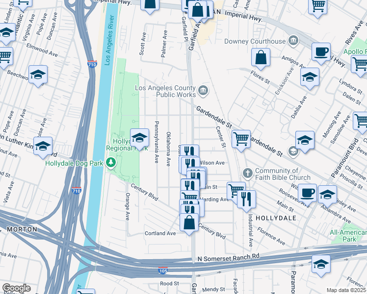 map of restaurants, bars, coffee shops, grocery stores, and more near 5650 McKinley Avenue in South Gate