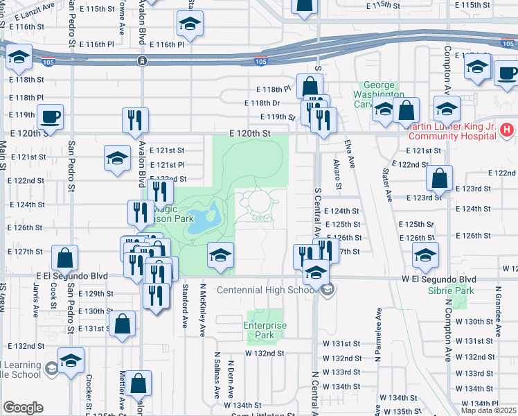 map of restaurants, bars, coffee shops, grocery stores, and more near 941 East 126th Street in Los Angeles