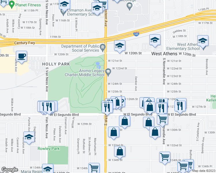 map of restaurants, bars, coffee shops, grocery stores, and more near 1733 West 125th Street in Los Angeles