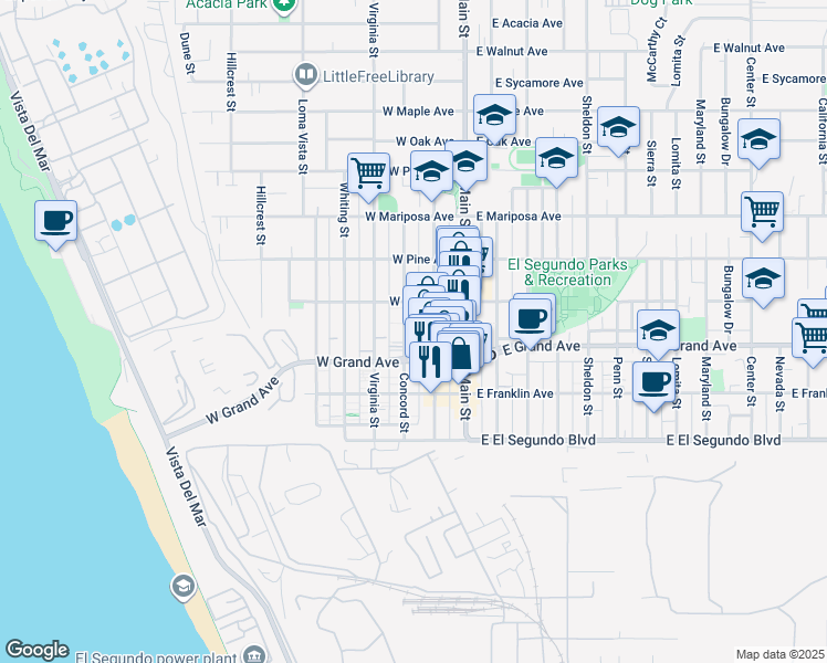 map of restaurants, bars, coffee shops, grocery stores, and more near 319 Richmond Street in El Segundo