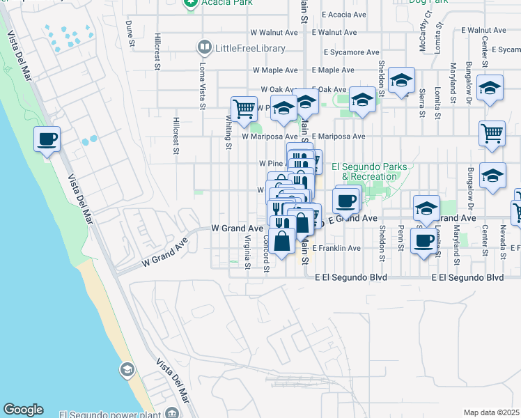 map of restaurants, bars, coffee shops, grocery stores, and more near 314 Virginia Street in El Segundo