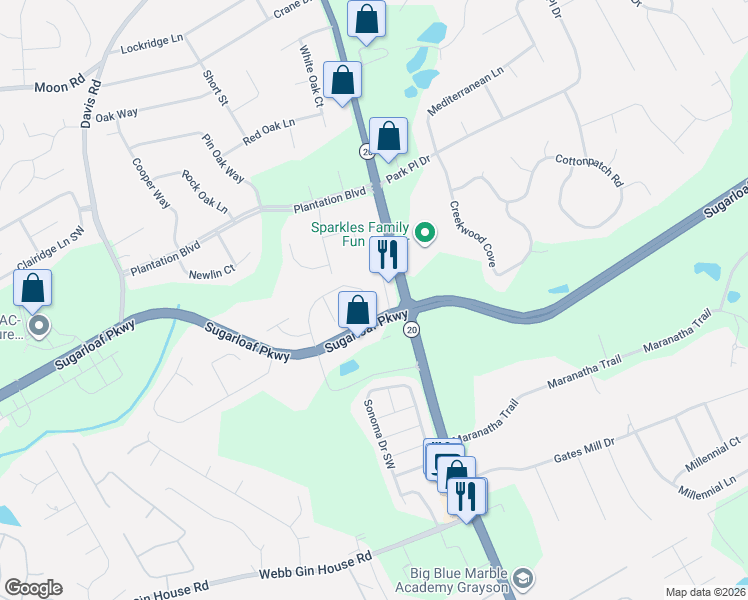 map of restaurants, bars, coffee shops, grocery stores, and more near 820 Old Johnson Road in Lawrenceville