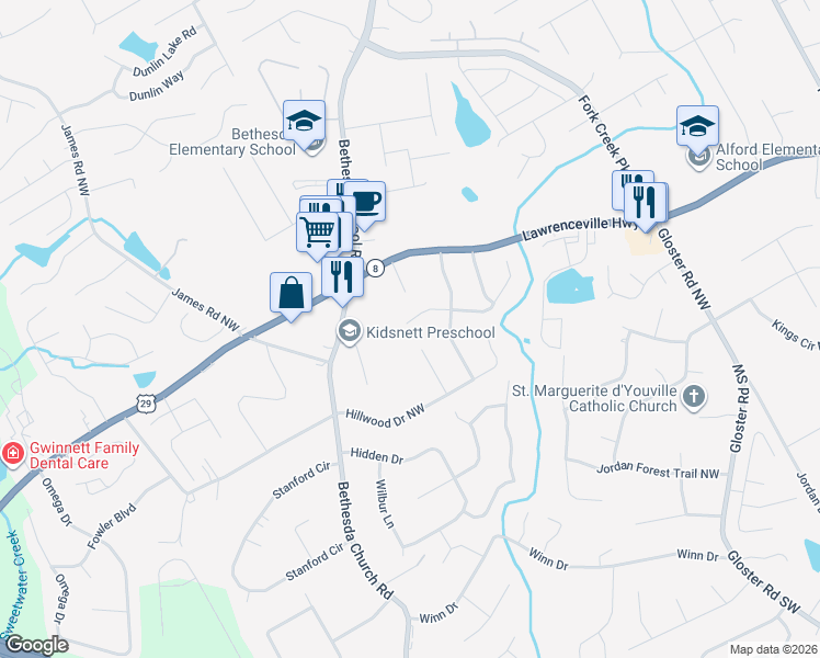 map of restaurants, bars, coffee shops, grocery stores, and more near 3010 Creekwood Lane Northwest in Lawrenceville