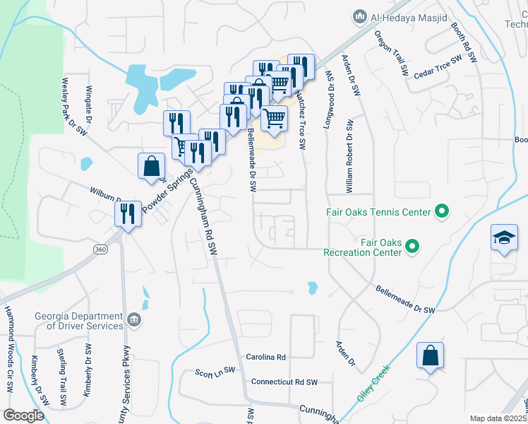 map of restaurants, bars, coffee shops, grocery stores, and more near 1394 Old Coach Road Southwest in Marietta