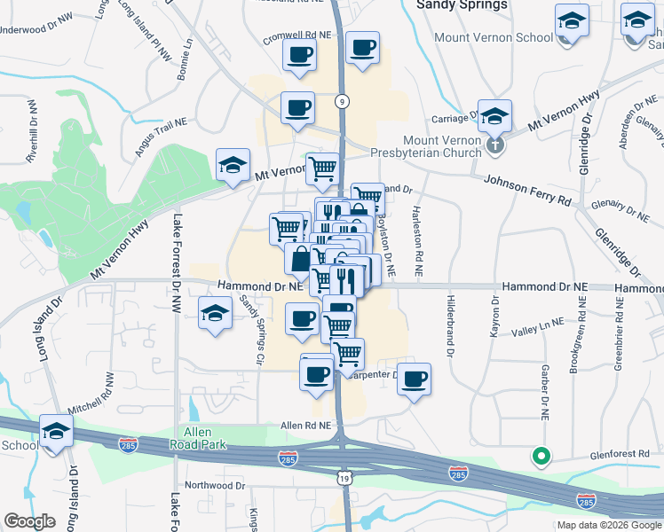 map of restaurants, bars, coffee shops, grocery stores, and more near 6050 Roswell Road in Sandy Springs