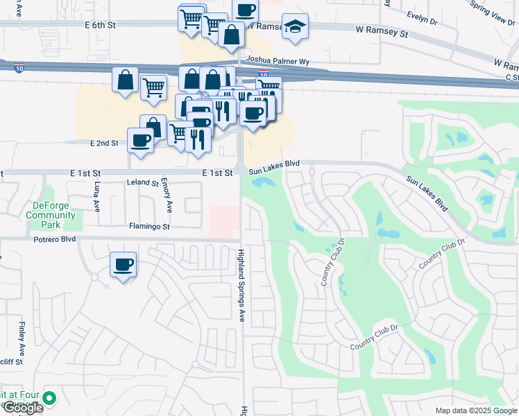 map of restaurants, bars, coffee shops, grocery stores, and more near 612 Pine Valley Road in Banning