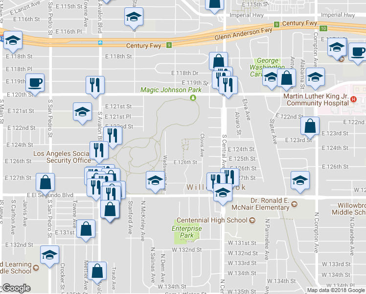 map of restaurants, bars, coffee shops, grocery stores, and more near 941 East 126th Street in Los Angeles