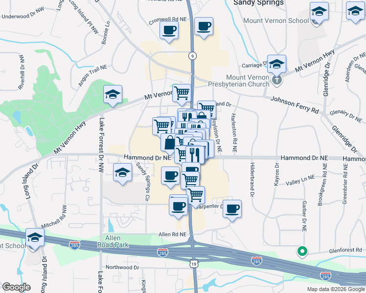 map of restaurants, bars, coffee shops, grocery stores, and more near 6050 Roswell Road Northeast in Sandy Springs