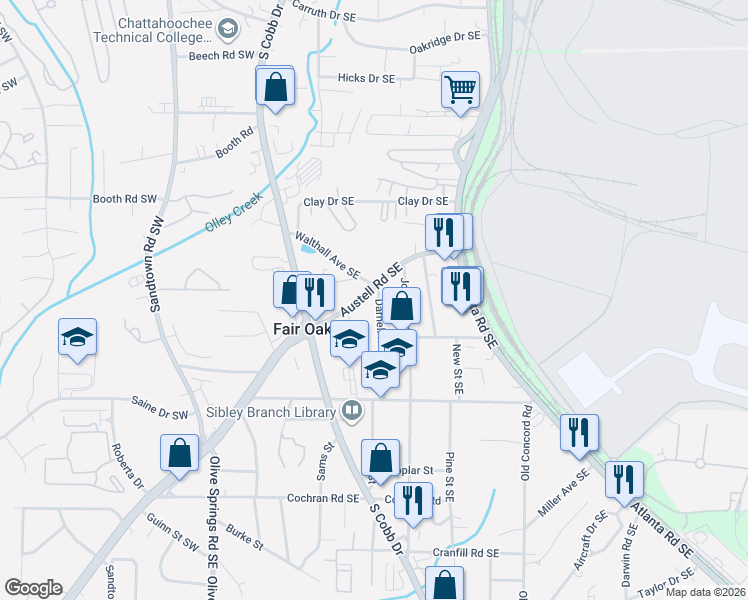 map of restaurants, bars, coffee shops, grocery stores, and more near 1373 Darnell Road Southeast in Marietta