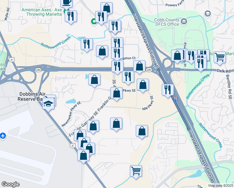 map of restaurants, bars, coffee shops, grocery stores, and more near 2100 Northwest Parkway Southeast in Marietta