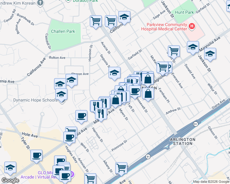 map of restaurants, bars, coffee shops, grocery stores, and more near 3882 Taft Street in Riverside