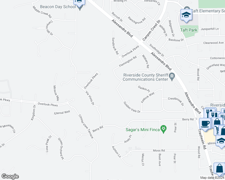 map of restaurants, bars, coffee shops, grocery stores, and more near 7007 Golden Vale Drive in Riverside