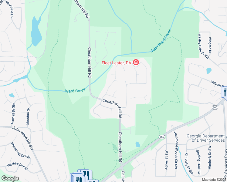 map of restaurants, bars, coffee shops, grocery stores, and more near 1354 Larson Court in Marietta