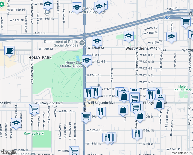 map of restaurants, bars, coffee shops, grocery stores, and more near 1653 West 125th Street in Los Angeles