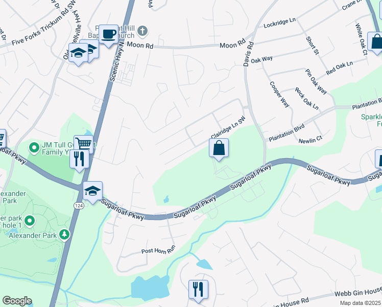 map of restaurants, bars, coffee shops, grocery stores, and more near 215 Clairidge Lane Southwest in Lawrenceville