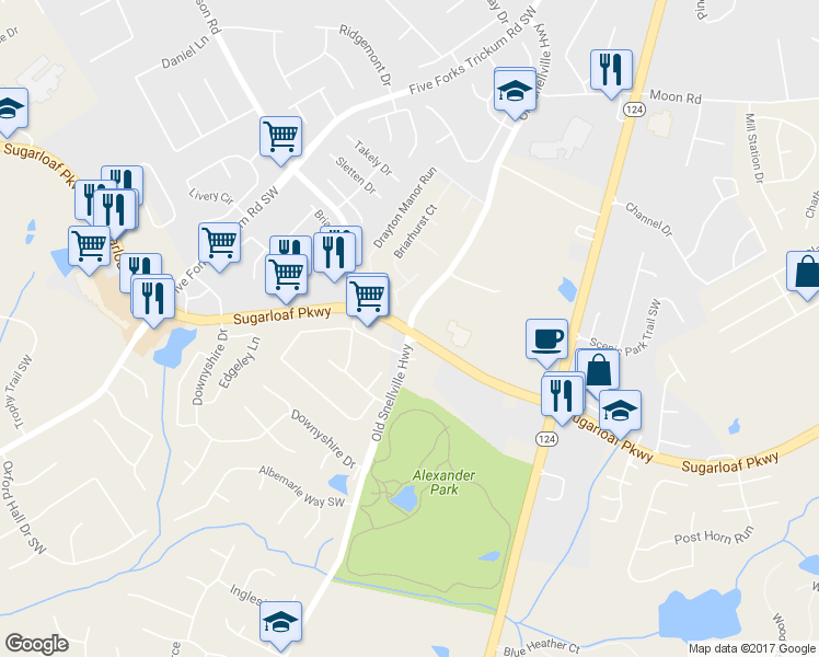 map of restaurants, bars, coffee shops, grocery stores, and more near 3157 Sugarloaf Pkwy in Lawrenceville