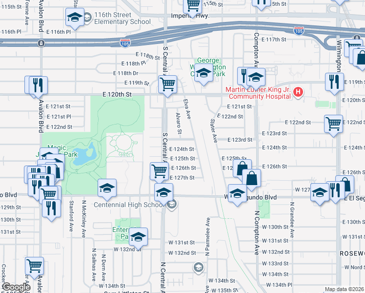 map of restaurants, bars, coffee shops, grocery stores, and more near 1239 East 124th Street in Los Angeles