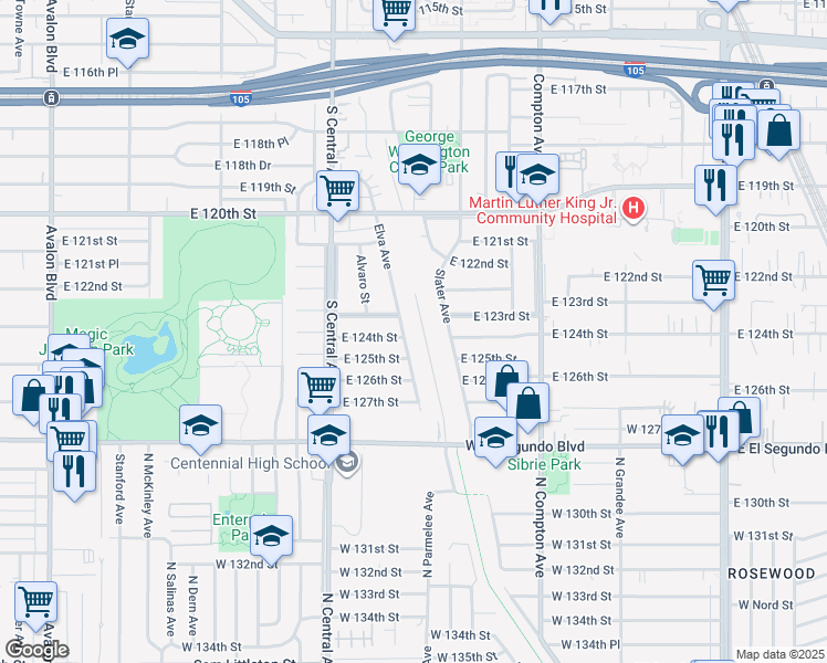 map of restaurants, bars, coffee shops, grocery stores, and more near 12320 Elva Avenue in Los Angeles