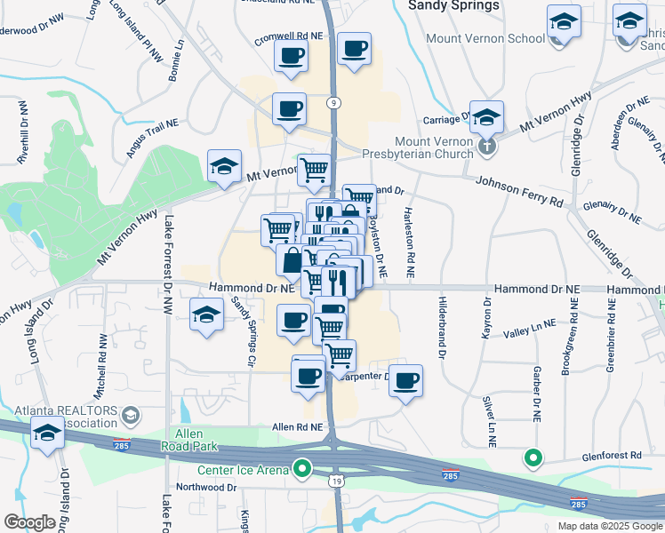 map of restaurants, bars, coffee shops, grocery stores, and more near 6050 Roswell Road Northeast in Sandy Springs