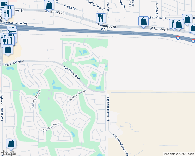 map of restaurants, bars, coffee shops, grocery stores, and more near 696 Big Spring Drive in Banning