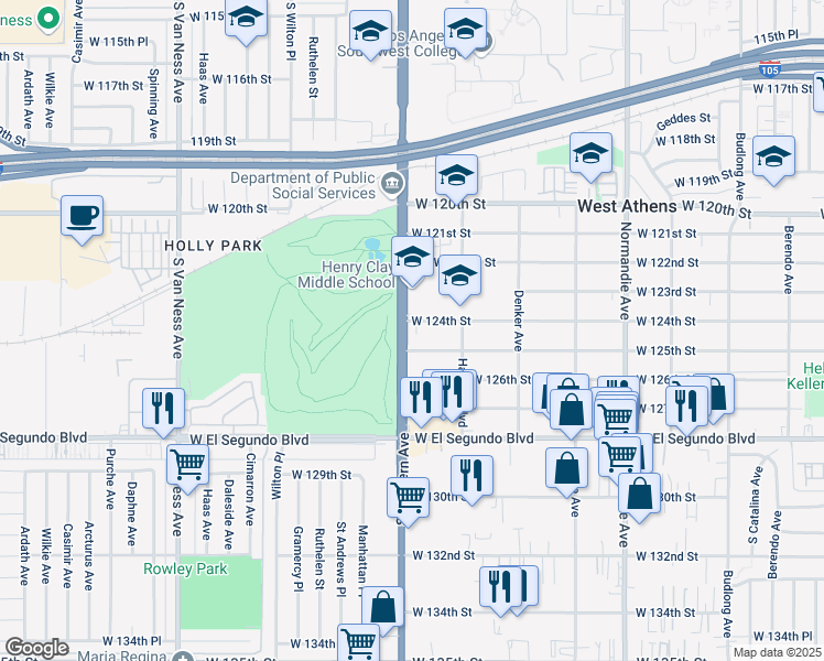 map of restaurants, bars, coffee shops, grocery stores, and more near 12402 S Western Ave in West Athens