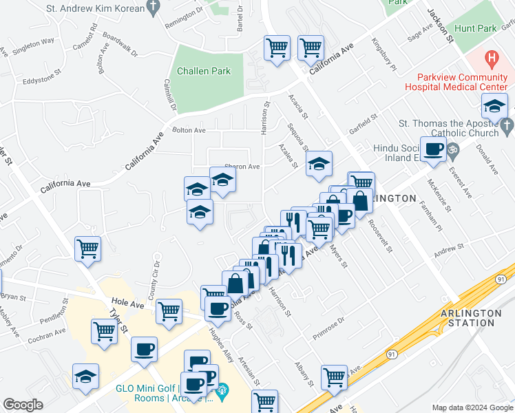 map of restaurants, bars, coffee shops, grocery stores, and more near 9814 County Farm Road in Riverside