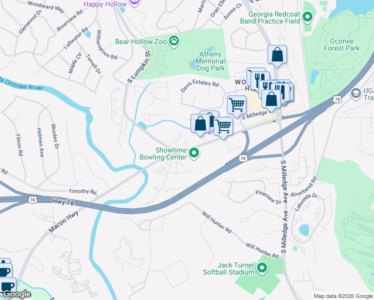 map of restaurants, bars, coffee shops, grocery stores, and more near 555 Macon Highway in Athens