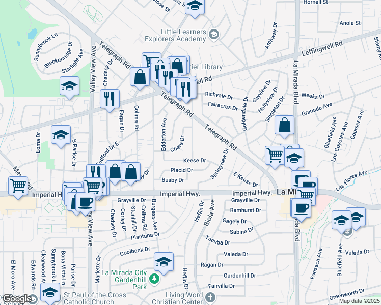 map of restaurants, bars, coffee shops, grocery stores, and more near 14517 Keese Drive in Whittier