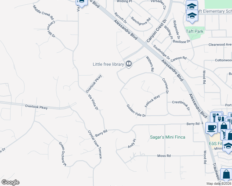 map of restaurants, bars, coffee shops, grocery stores, and more near 7007 Golden Vale Drive in Riverside