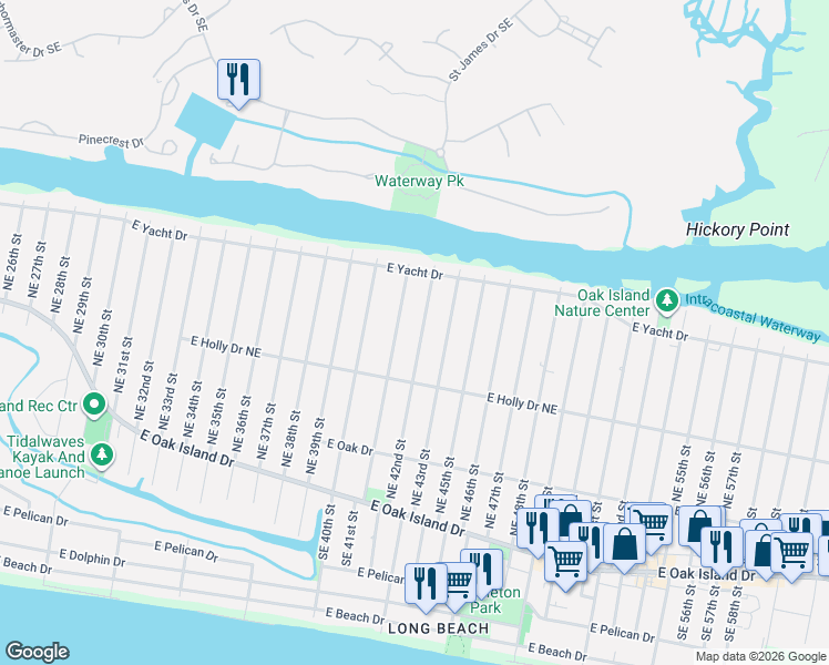 map of restaurants, bars, coffee shops, grocery stores, and more near 317 Northeast 42nd Street in Oak Island