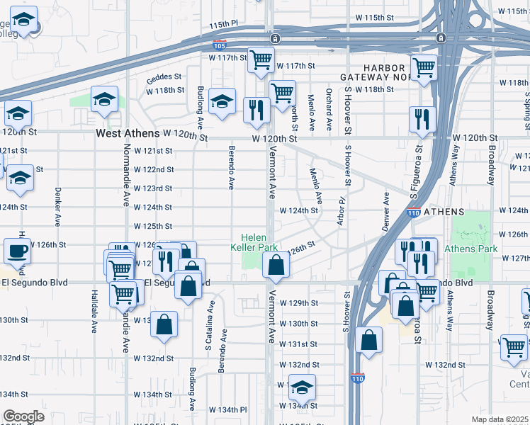 map of restaurants, bars, coffee shops, grocery stores, and more near 1002 West 124th Street in Los Angeles