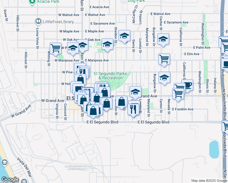 map of restaurants, bars, coffee shops, grocery stores, and more near 311 Sheldon Street in El Segundo