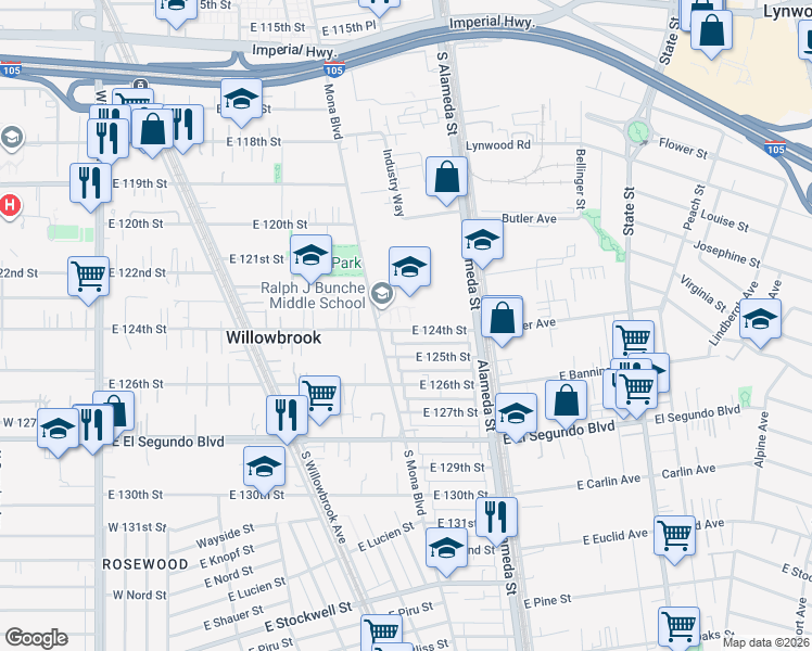 map of restaurants, bars, coffee shops, grocery stores, and more near 2531 East 124th Street in Compton