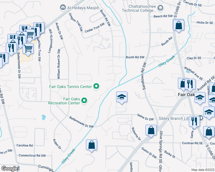 map of restaurants, bars, coffee shops, grocery stores, and more near 410 Water Oak Way Southwest in Marietta