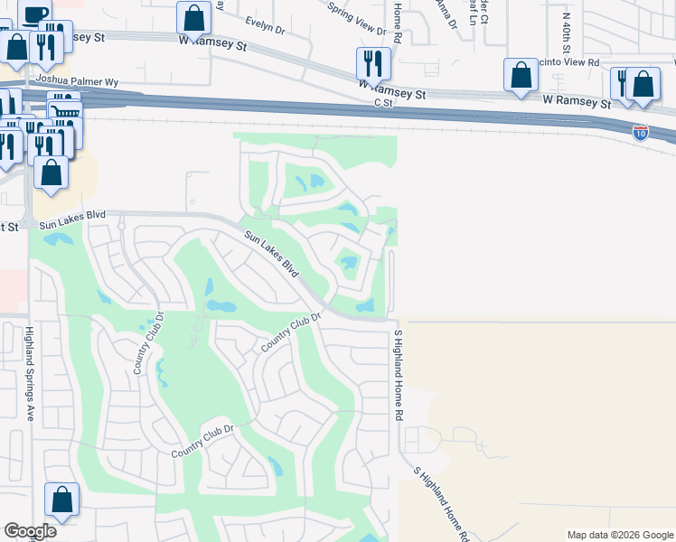 map of restaurants, bars, coffee shops, grocery stores, and more near 840 Twin Hills Drive in Banning