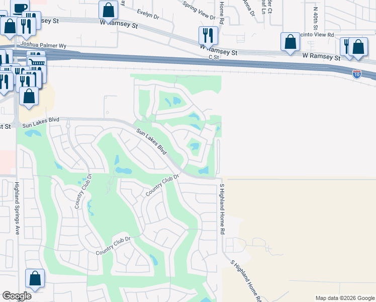 map of restaurants, bars, coffee shops, grocery stores, and more near 840 Twin Hills Drive in Banning