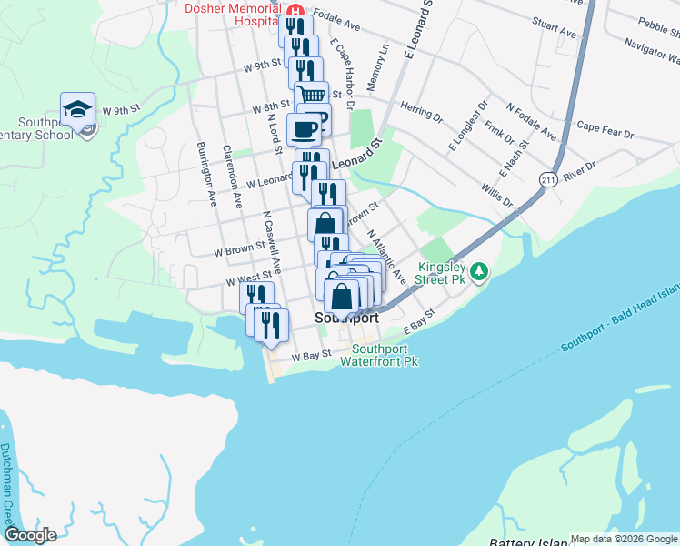map of restaurants, bars, coffee shops, grocery stores, and more near 200 N Howe St in Southport