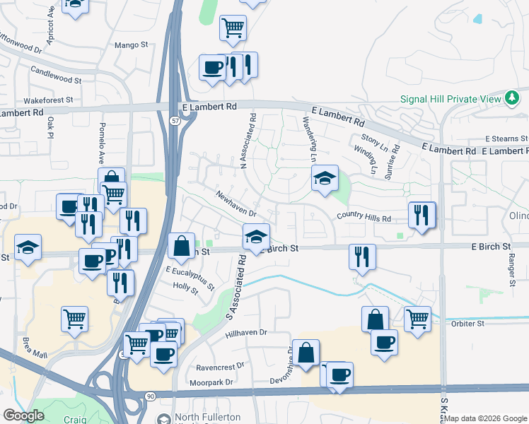 map of restaurants, bars, coffee shops, grocery stores, and more near 116 Morningflower Circle in Brea
