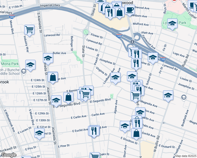 map of restaurants, bars, coffee shops, grocery stores, and more near 3276 Cedar Avenue in Lynwood