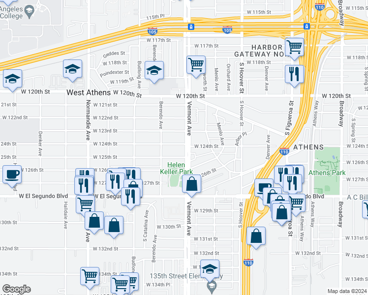 map of restaurants, bars, coffee shops, grocery stores, and more near 1002 West 124th Street in Los Angeles