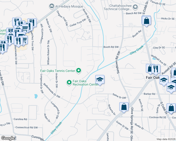 map of restaurants, bars, coffee shops, grocery stores, and more near 414 Water Oak Way Southwest in Marietta