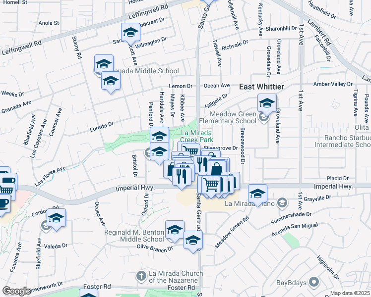map of restaurants, bars, coffee shops, grocery stores, and more near 12203 Santa Gertrudes Avenue in La Mirada