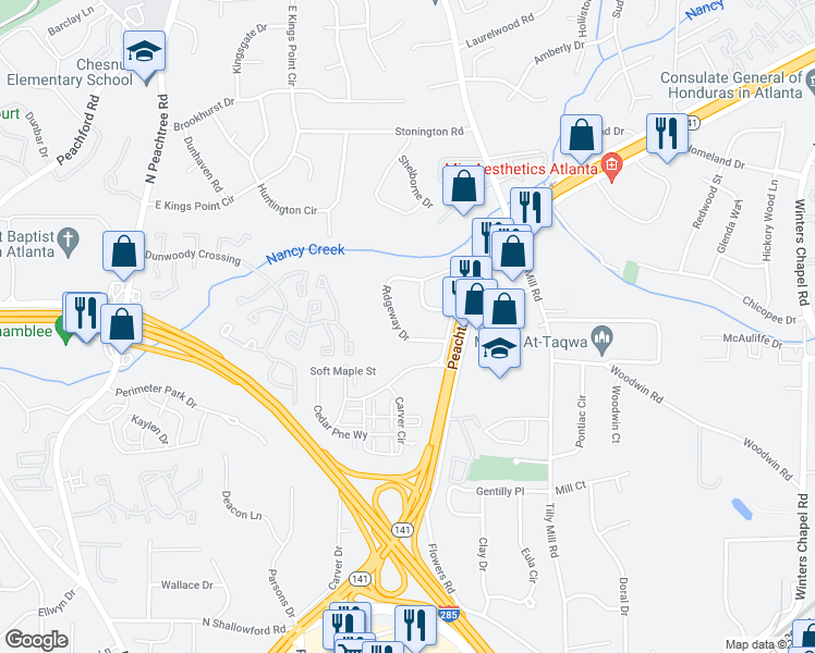 map of restaurants, bars, coffee shops, grocery stores, and more near 2415 Ridgeway Drive in Doraville