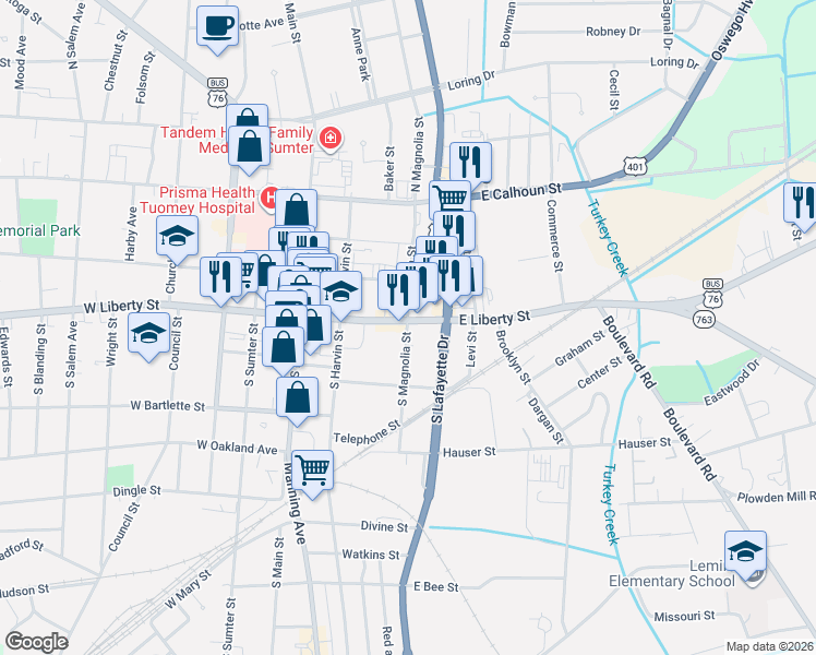 map of restaurants, bars, coffee shops, grocery stores, and more near 11 South Magnolia Street in Sumter