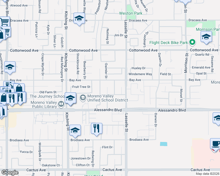 map of restaurants, bars, coffee shops, grocery stores, and more near 13850 Chervil Court in Moreno Valley