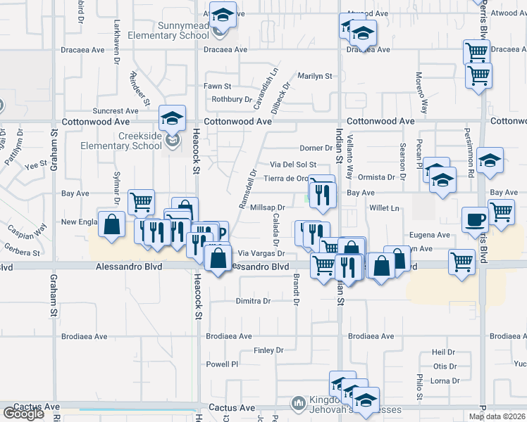 map of restaurants, bars, coffee shops, grocery stores, and more near 24230 Horton Court in Moreno Valley