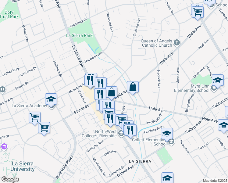 map of restaurants, bars, coffee shops, grocery stores, and more near 4846 Doane Avenue in Riverside